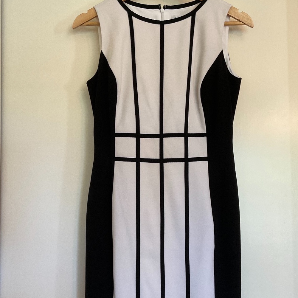 Calvin Klein + Grid Patterned Sheath Dress + Size 4 + White and Black